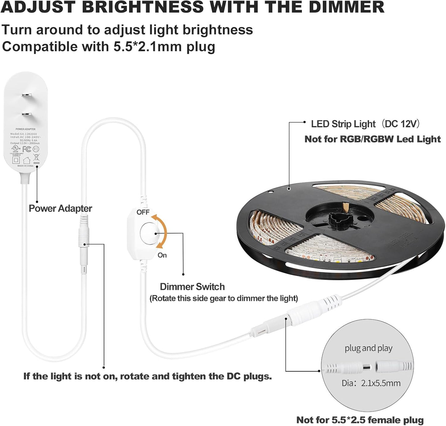 Fuente alimentación LED 12V 2A con interruptor tiras neón 6pies