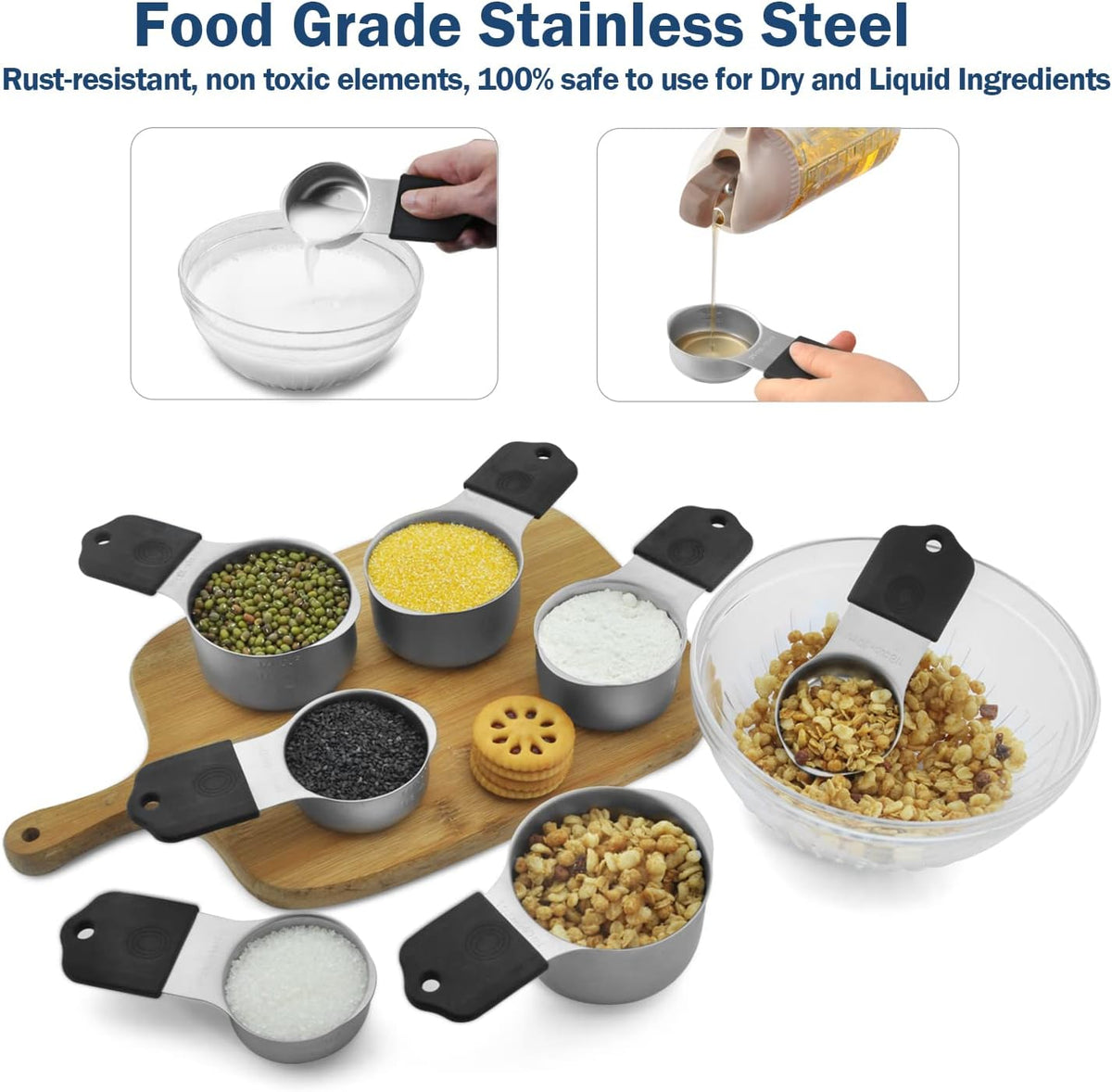 Set 7 Tazas Medidoras Acero Inox 18/8 Apilables Mango Silicona