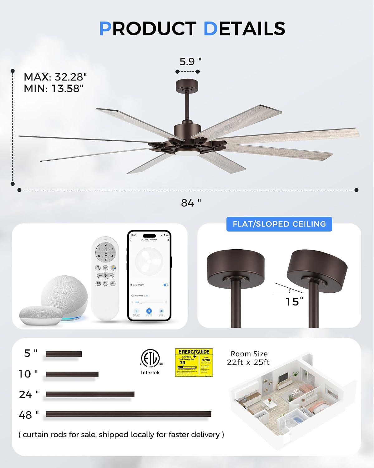 Ventilador techo 84pulg con luz inteligente Alexa moderno