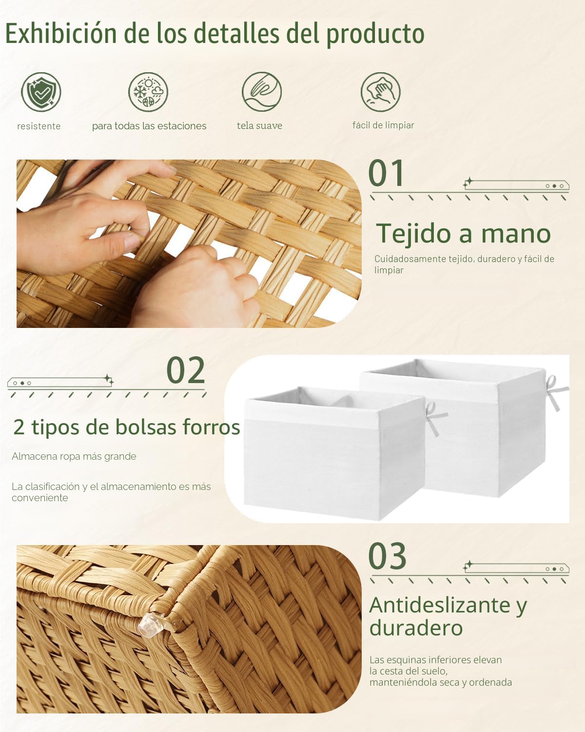 Canasta almacenamiento ratán tapa 22x13" plegable 65L