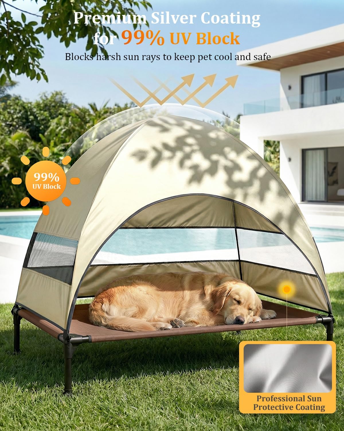 Cama elevada para perros con dosel UV y malla transpirable