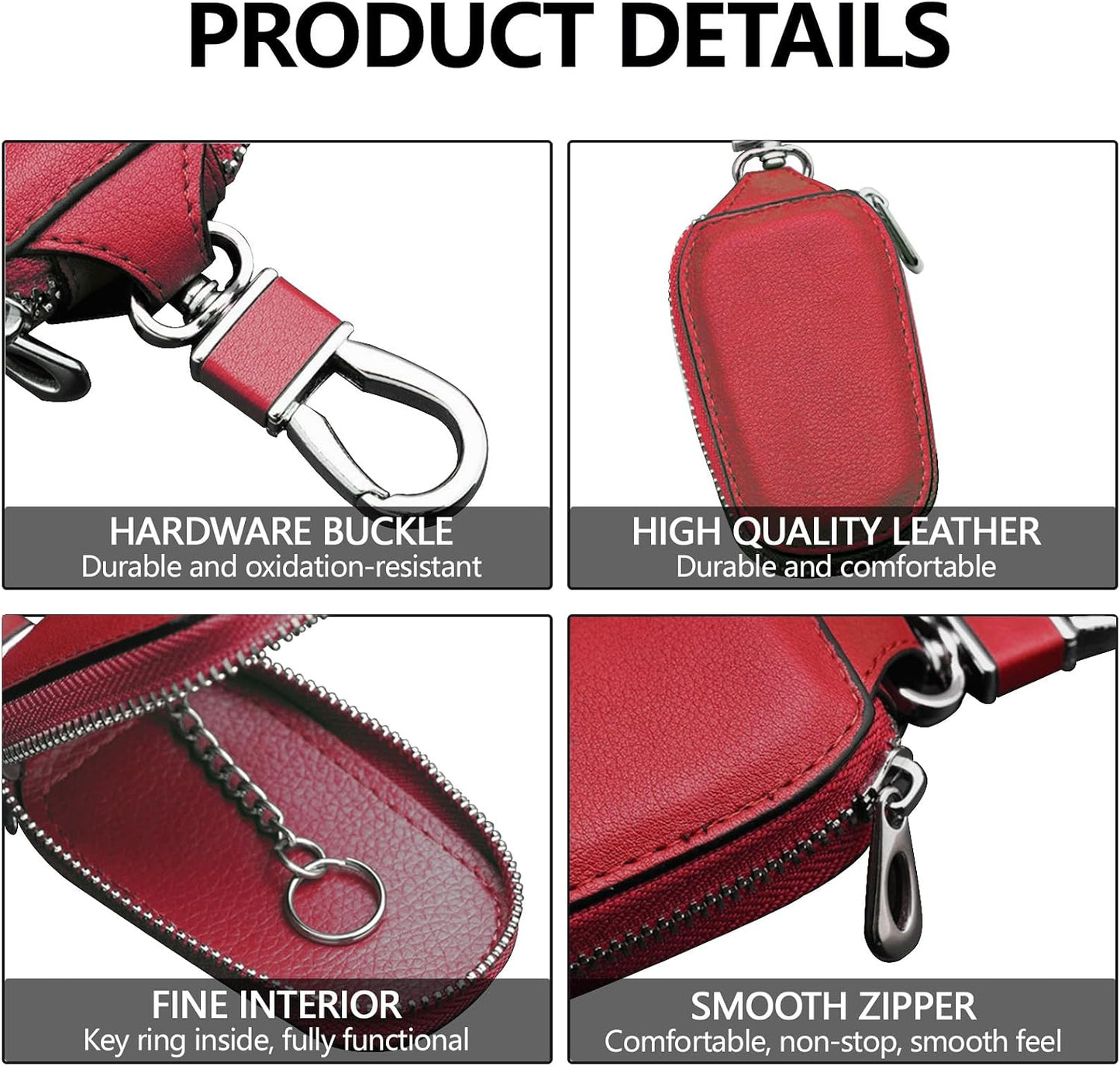 Funda llave automóvil cuero con gancho y bolsa cremallera rojo