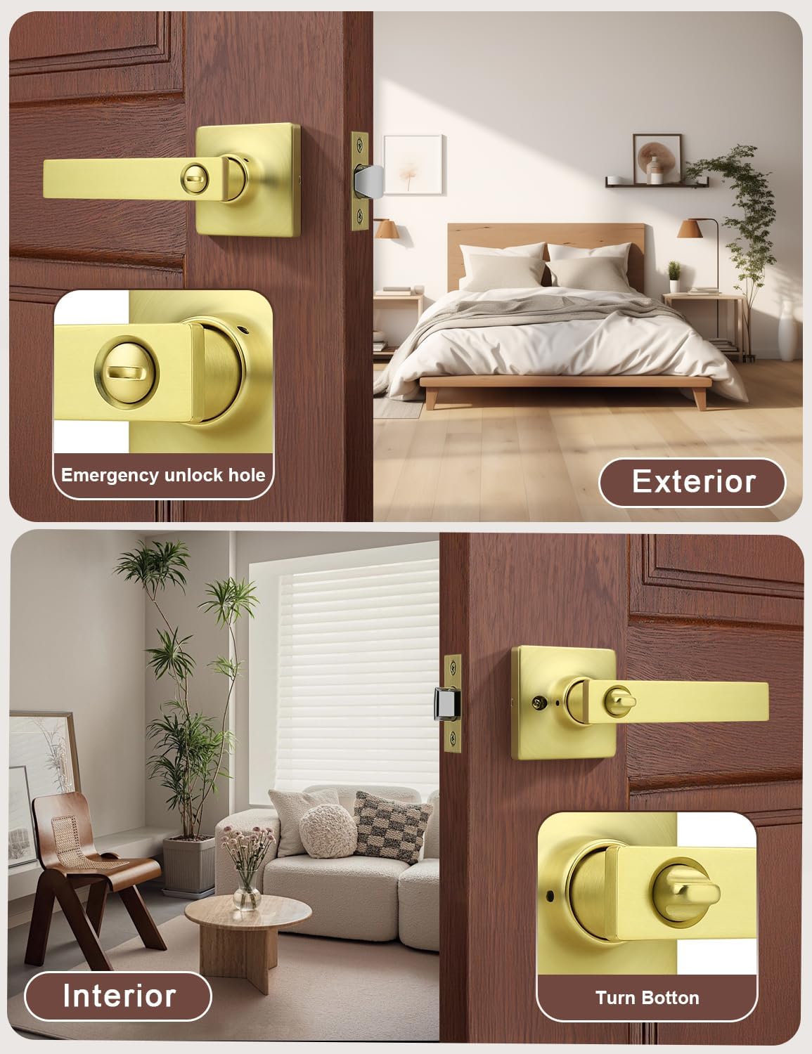 Manijas puerta cuadradas doradas con cerradura sin llave