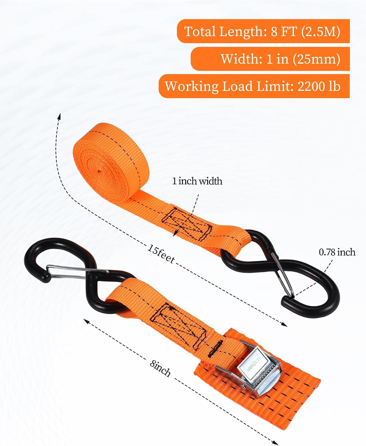 Correas amarre 1x8ft hebilla leva 4 pzas naranja