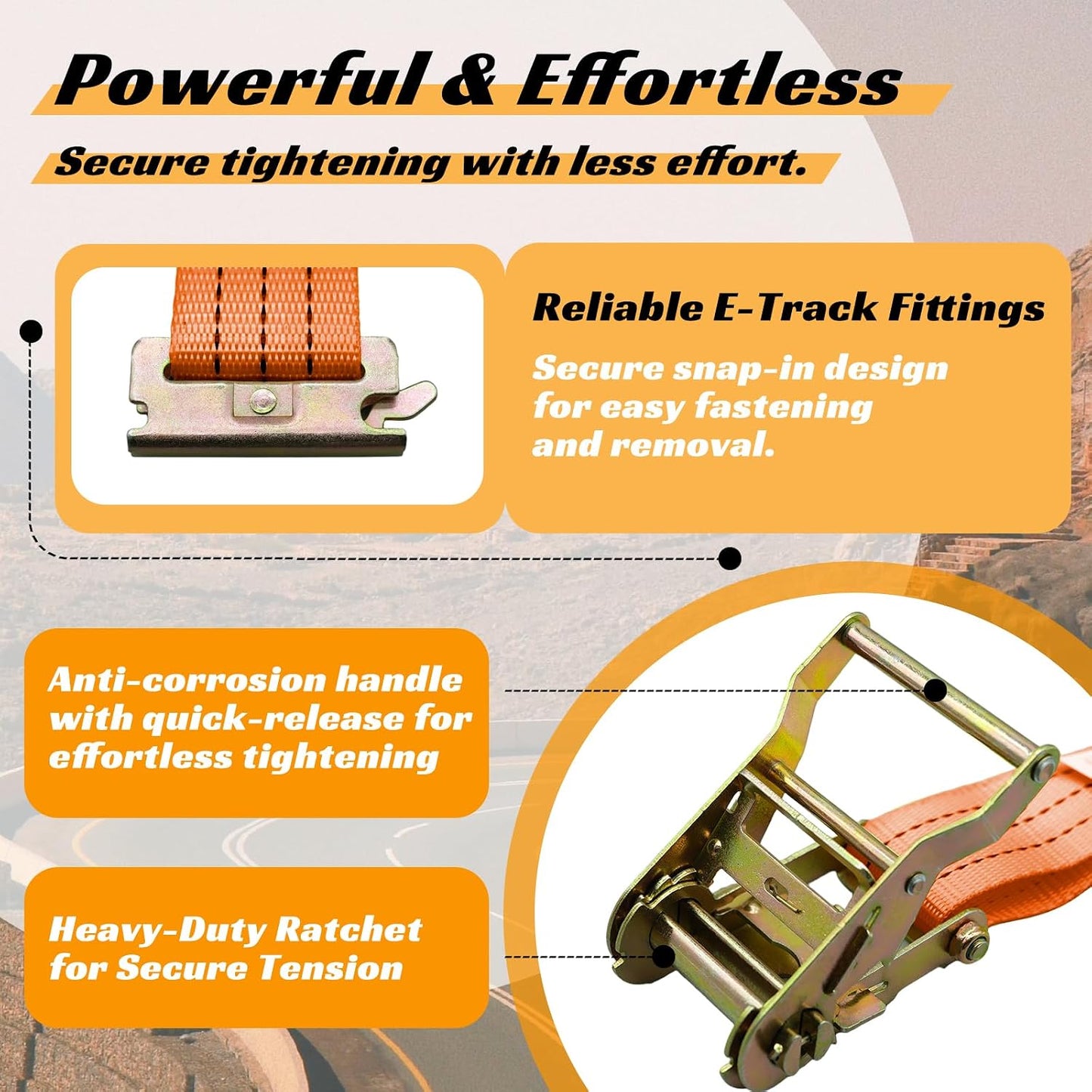 8 Correas Trinquete Riel E 2x15' 4500LBS para Camiones