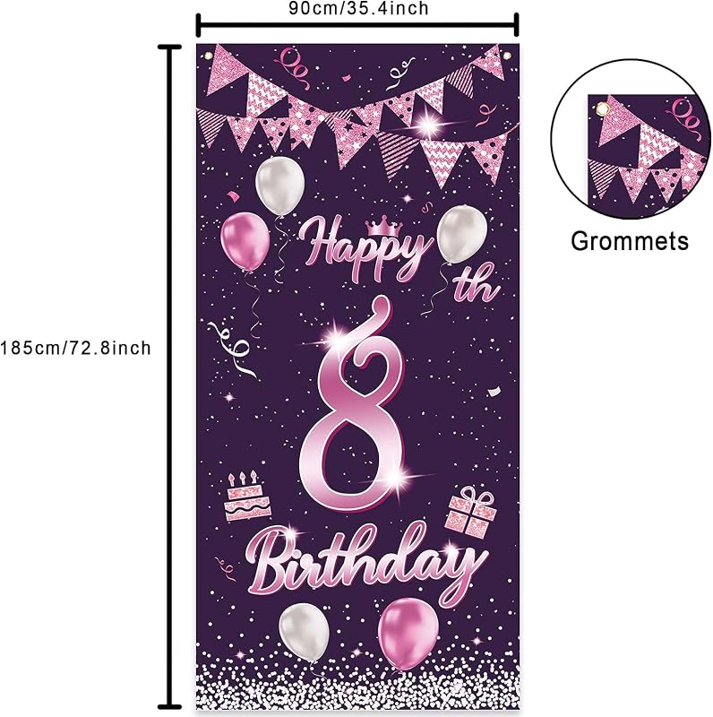 Cartel cumpleaños 8 años globos rosa decoración puerta