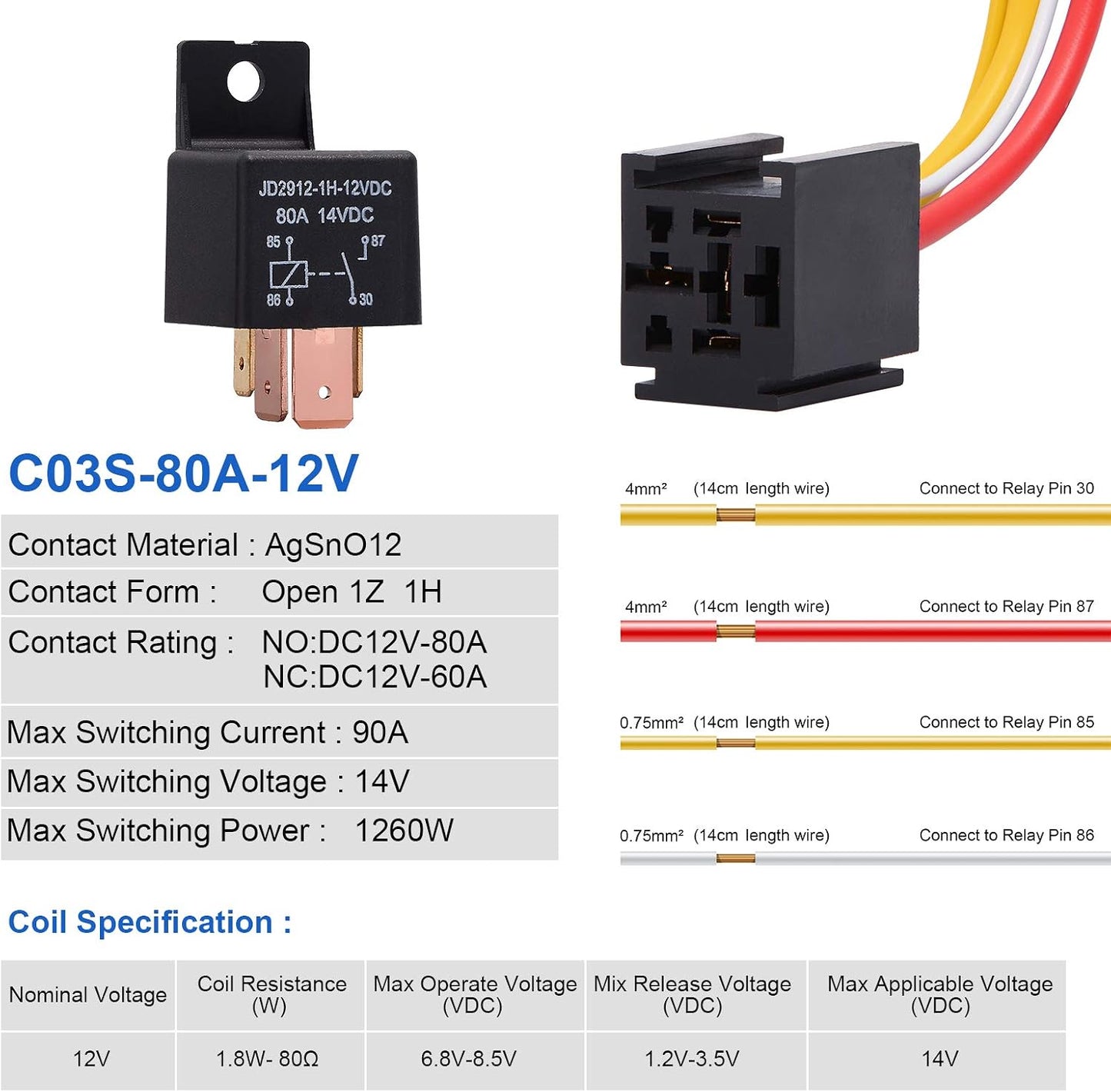 Enchufe relé SPST 12/24V 80A 4 pines para auto camión pack 2