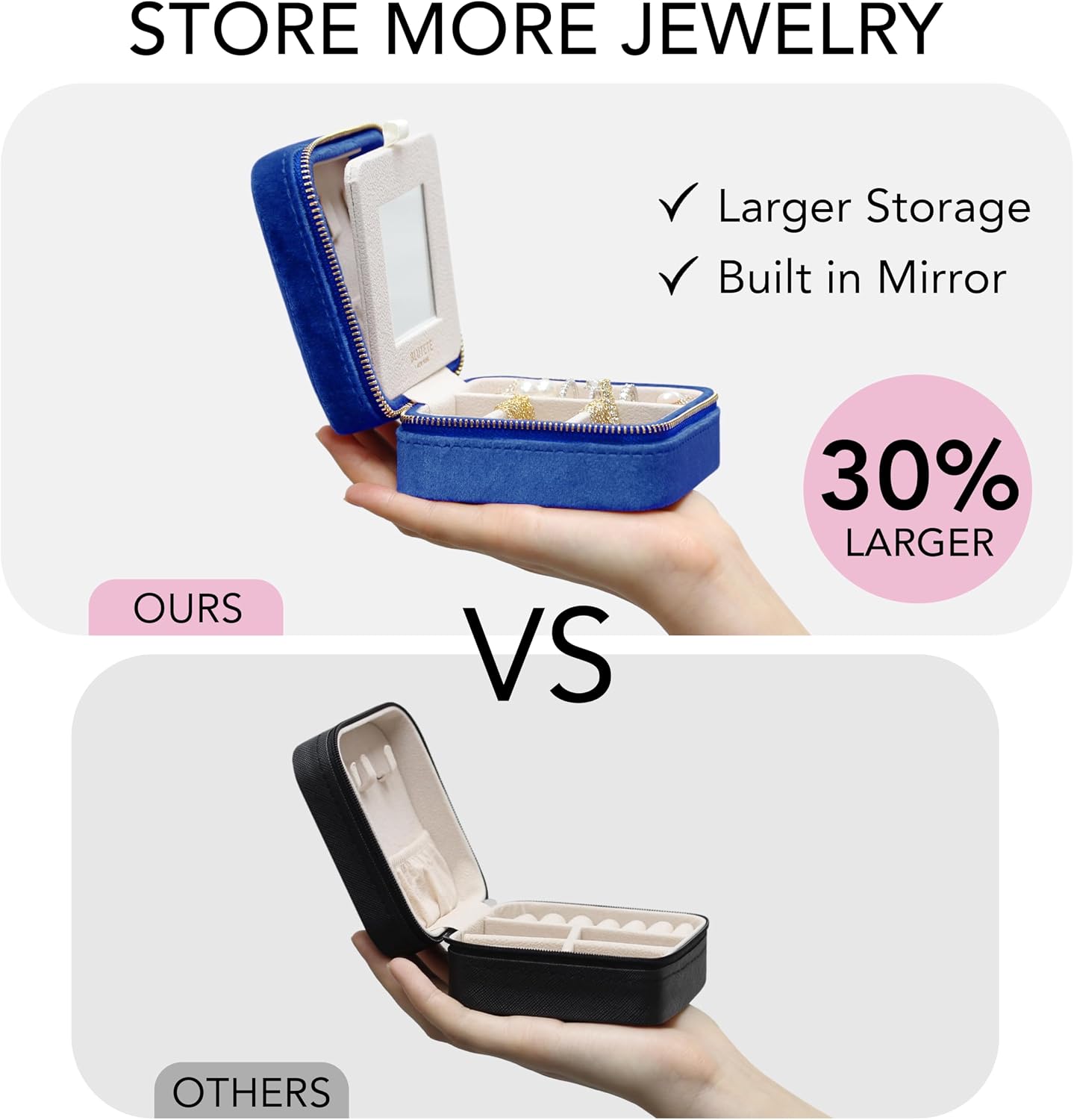Joyero viaje terciopelo con espejo anillos aretes azul