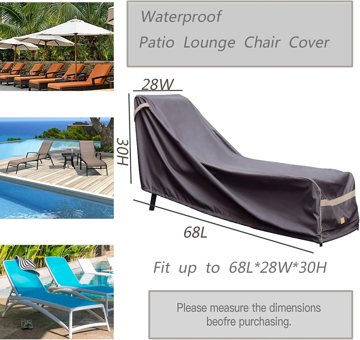 Funda impermeable tumbona patio 68pulg color gris oscuro set 2
