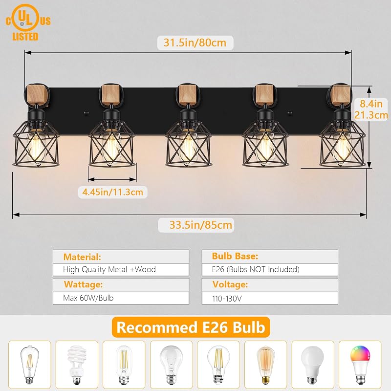 Lámpara baño madera 5 luces estilo rústico jaula metal