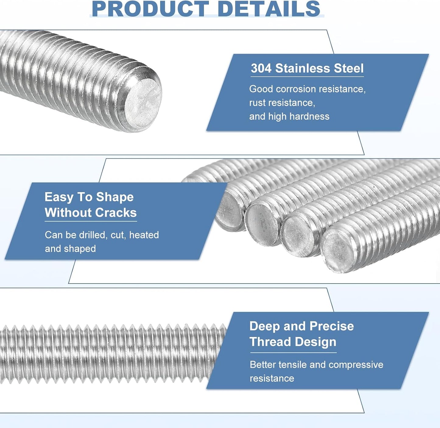 10 Pzas Varillas M8-1.25x140mm Acero Inox 304 Plateado