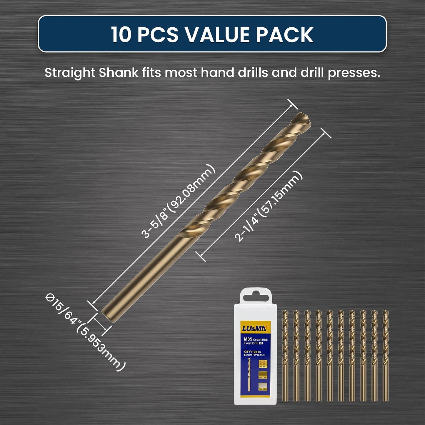 Broca helicoidal HSS 15pulg 10pzas para acero inox y hierro fundido