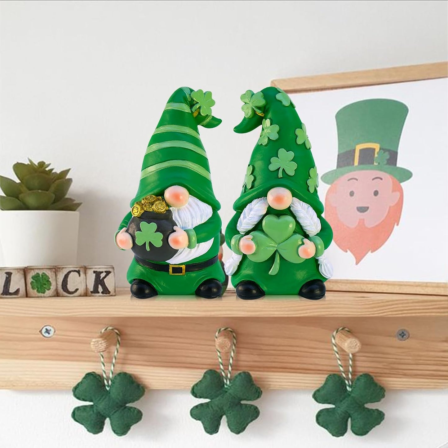 Gnomos San Patricio 2 figuras duende trébol decoración