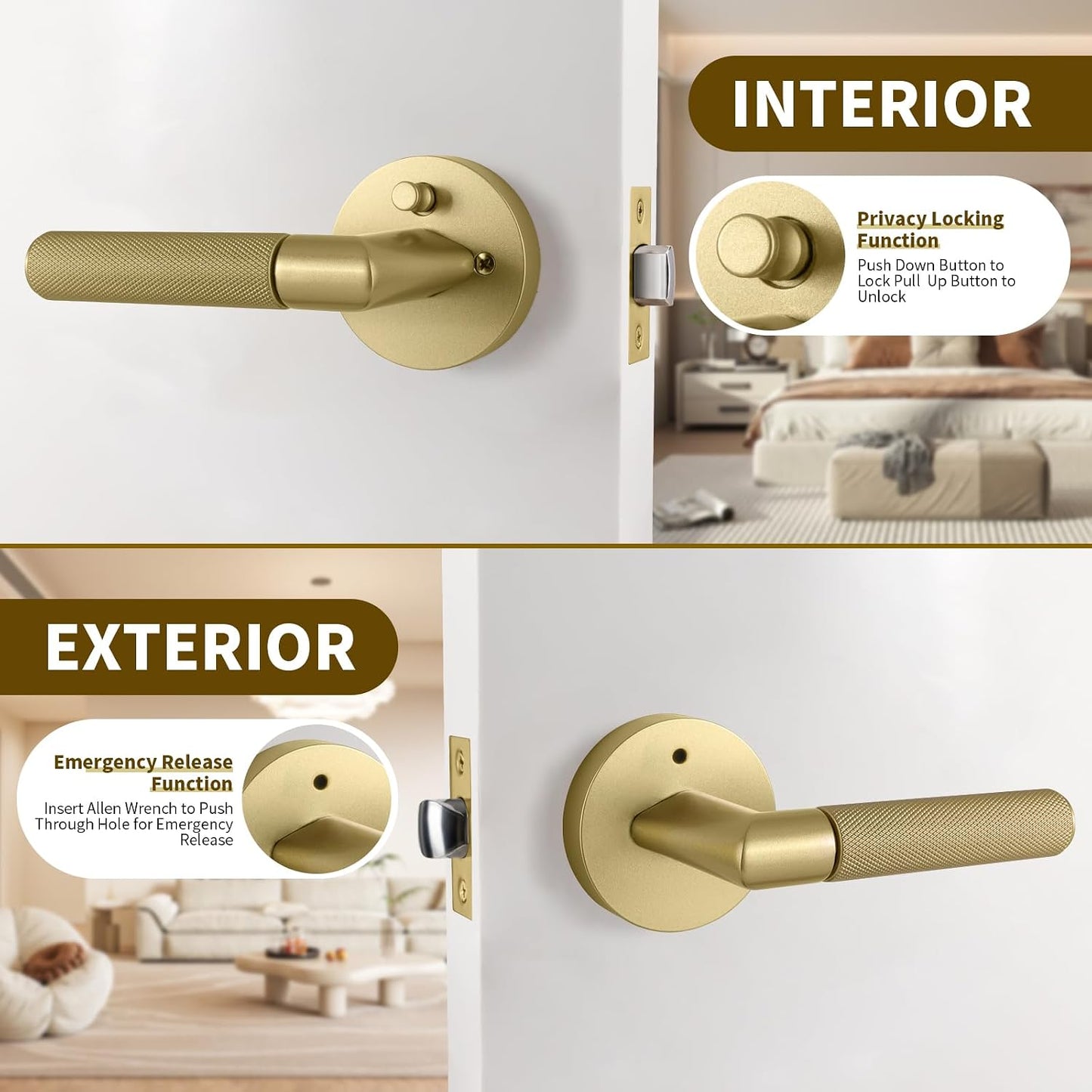 Manija puerta privacidad interior dorada satinada