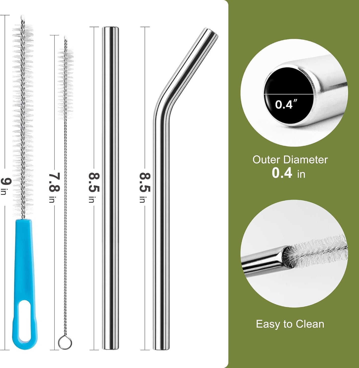Pajitas acero inox 0.4pulg reutilizables 6 pzas con cepillo