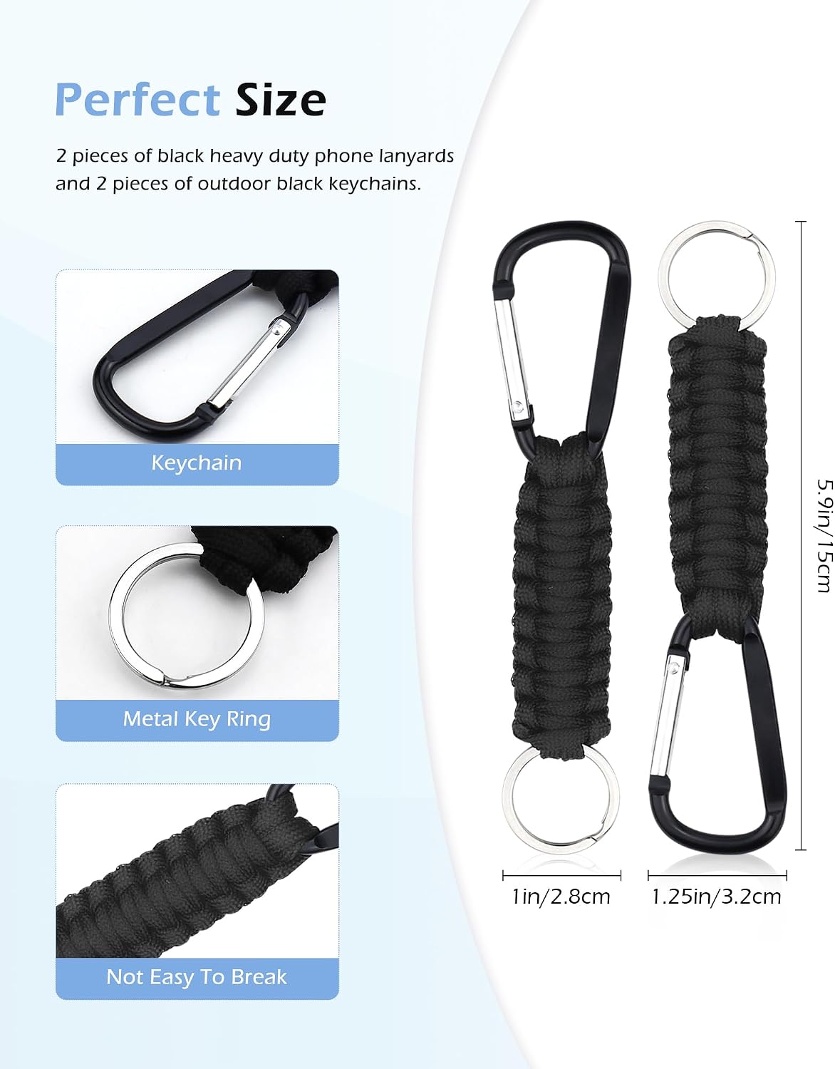 Set 2 Cordones Paracaídas Llavero Trenzado Tarjetas Negro