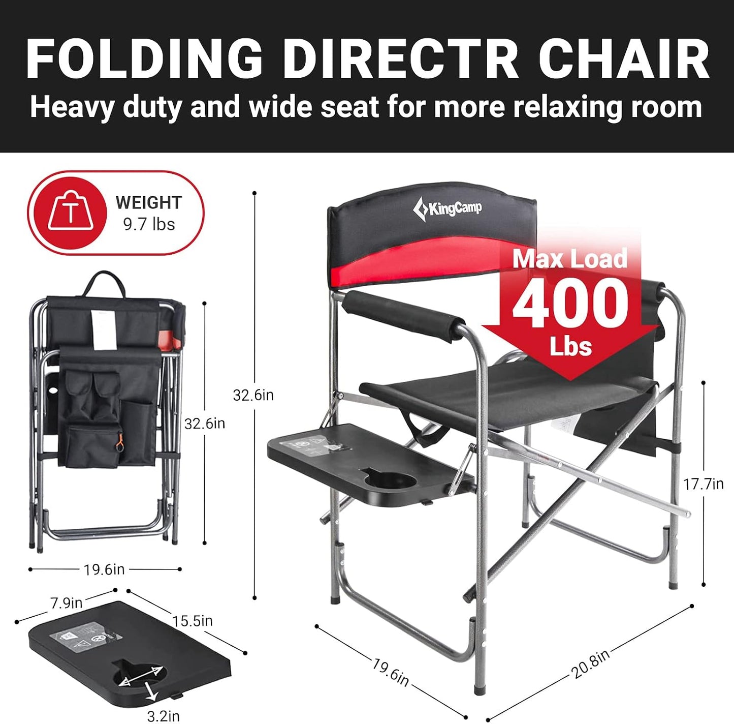 Silla director camping plegable con mesa roja