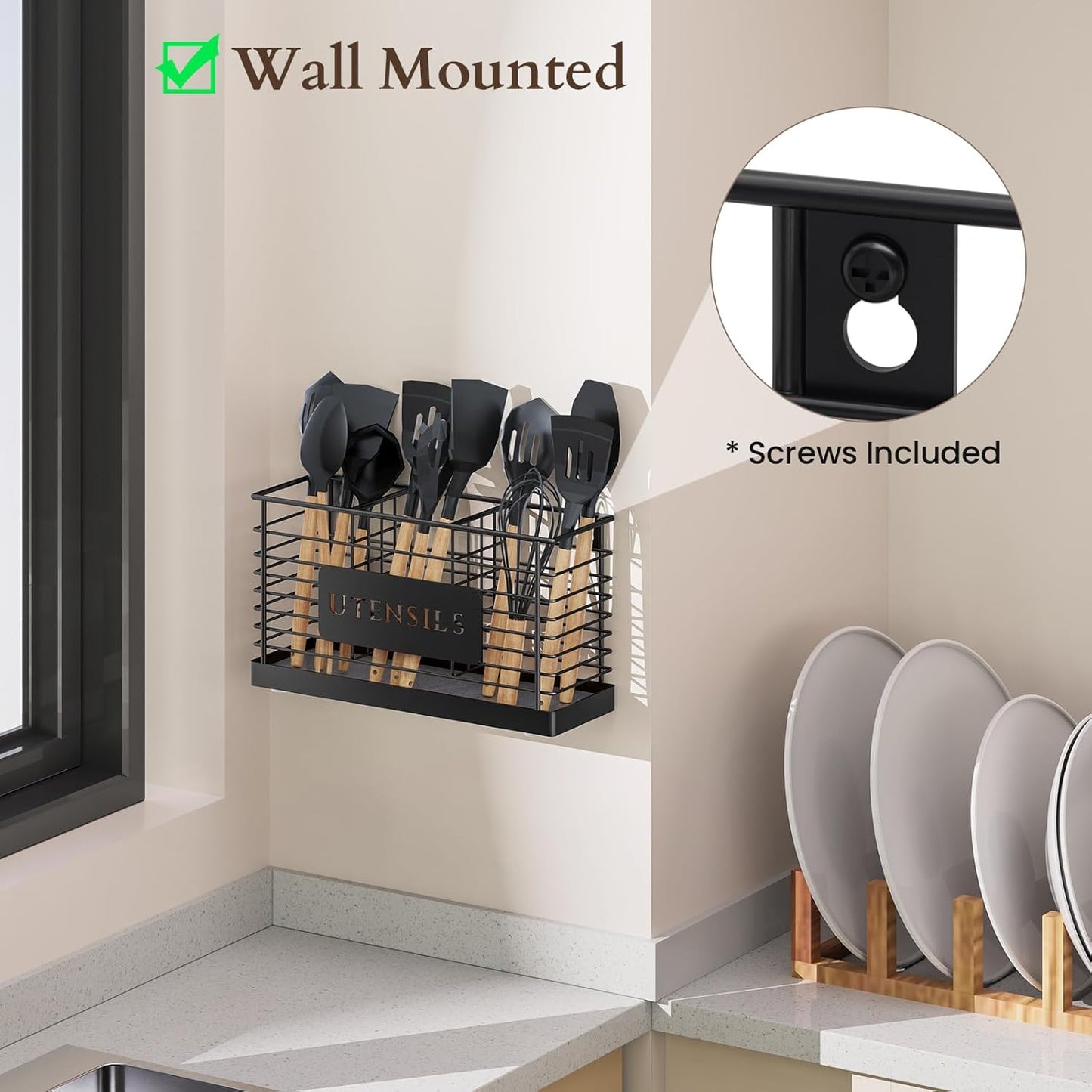 Soporte utensilios cocina metal negro 3 compartimentos