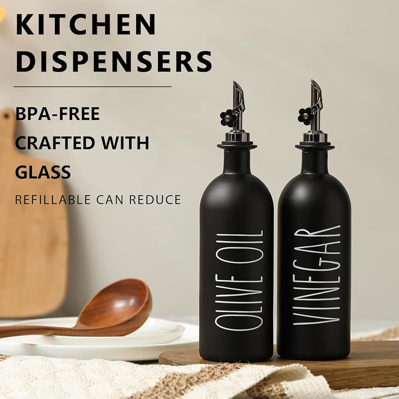 Dispensador aceite y vinagre vidrio negro 16oz con bandeja bambú