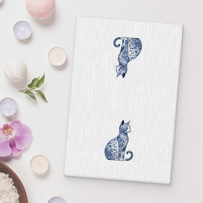 Toalla cocina floral azul y blanco con gato 40x61cm