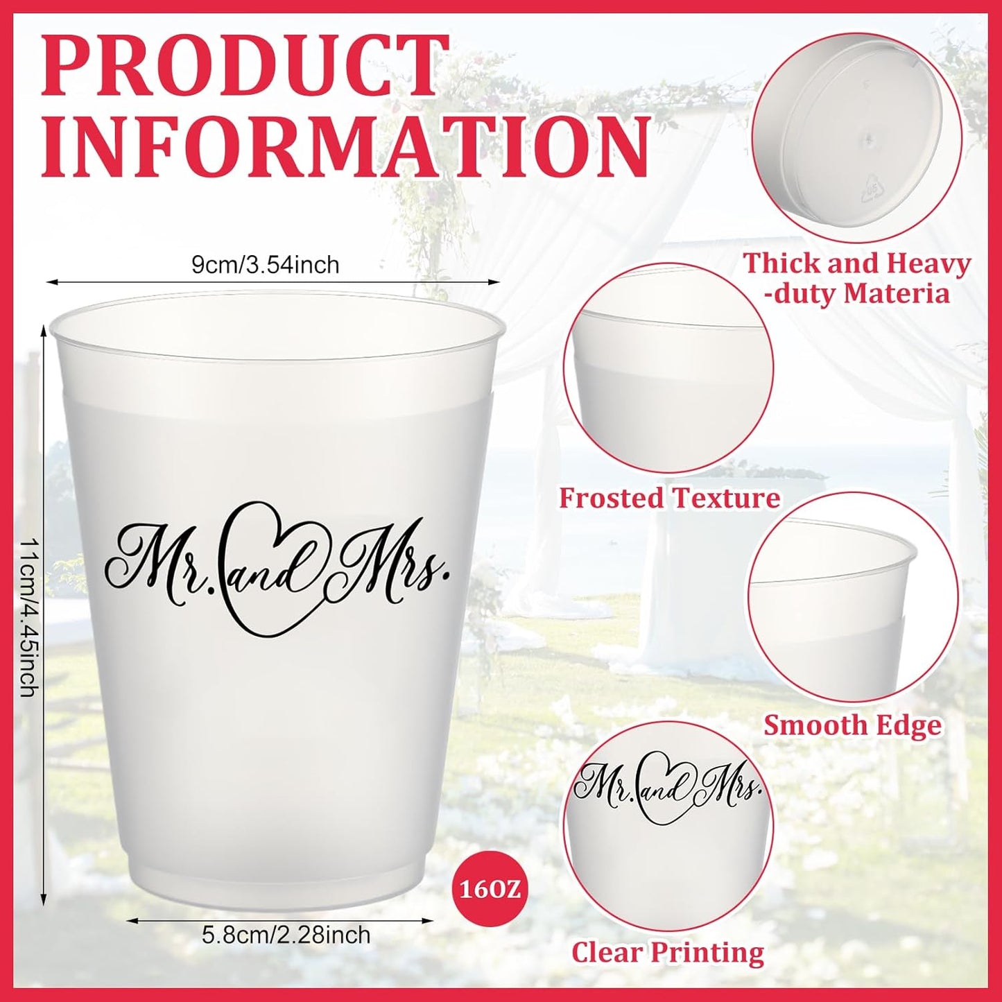 16 Vasos Plástico Esmerilado Reutilizable 16oz Boda