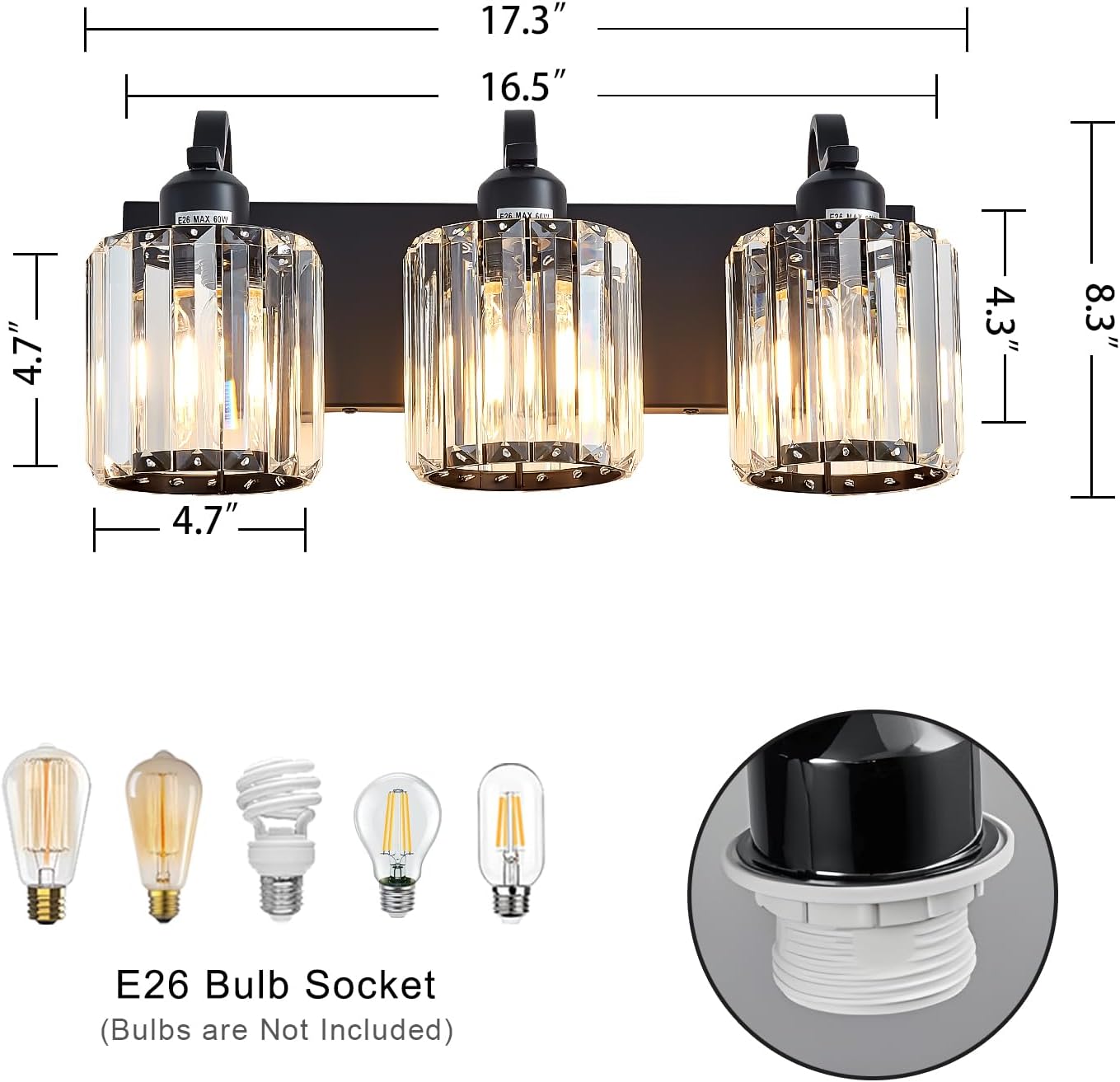 Luz tocador baño 3 luces negro cristal moderna