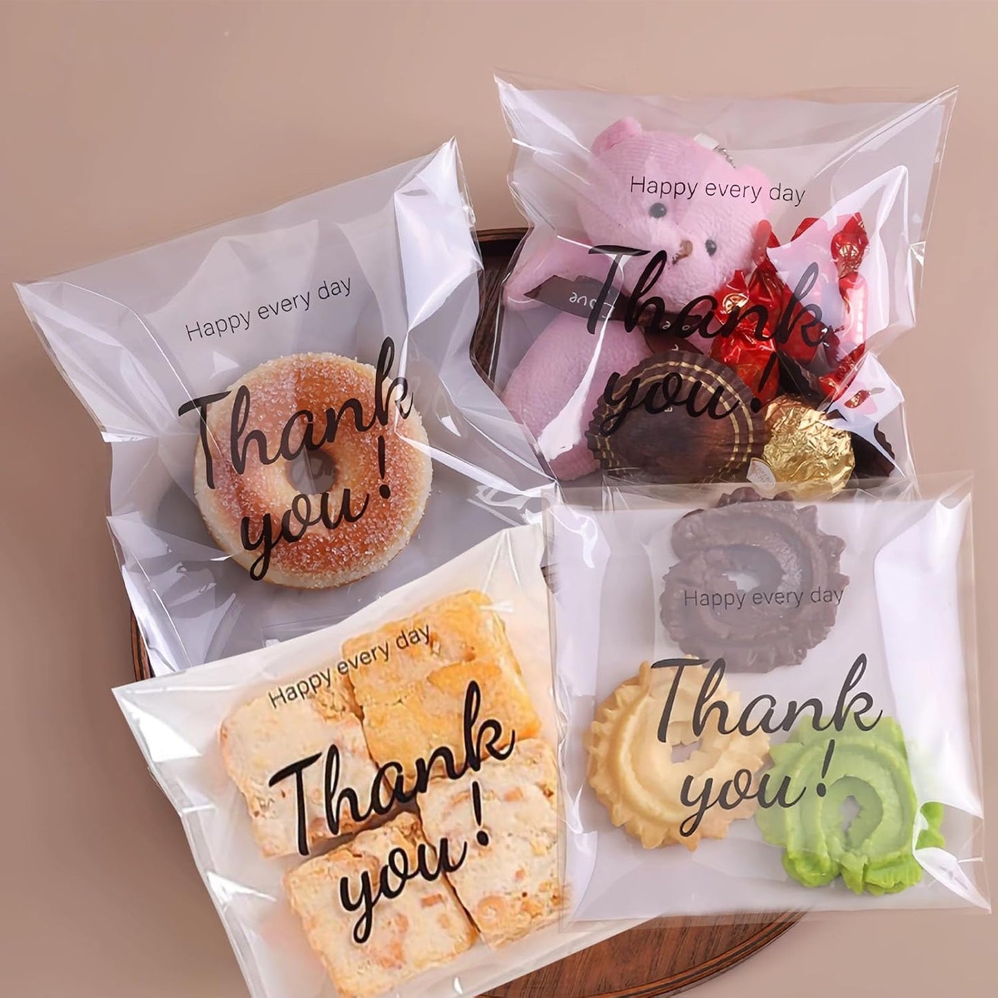 100 Bolsas Autoadhesivas 5.9x5.9pulg con Texto Thank You