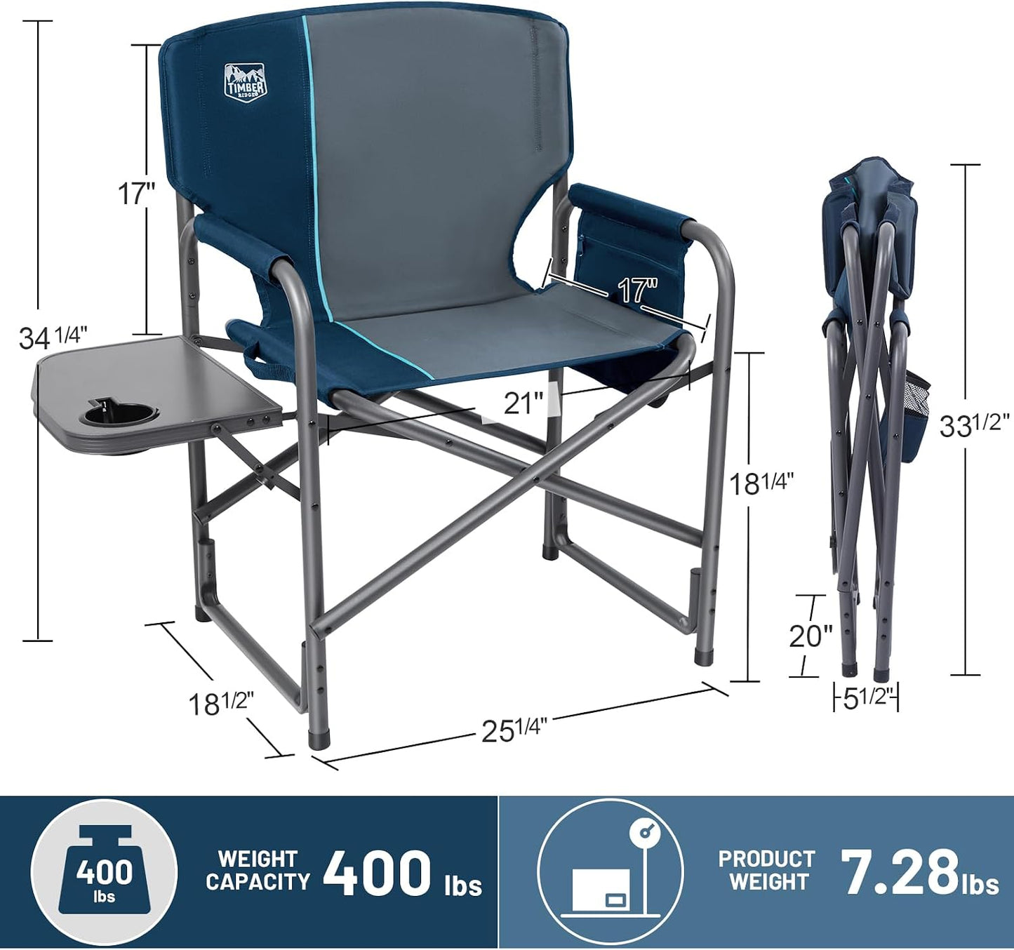 Silla campamento aluminio gran tamaño con mesa 400lb color