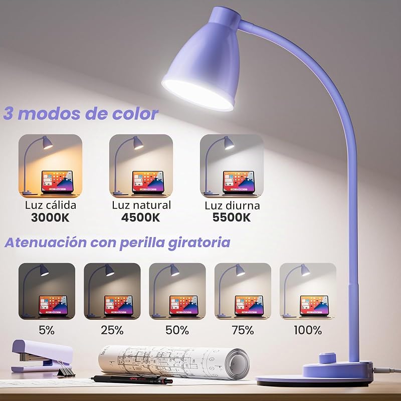 Lámpara LED escritorio USB 3 modos color morado lila
