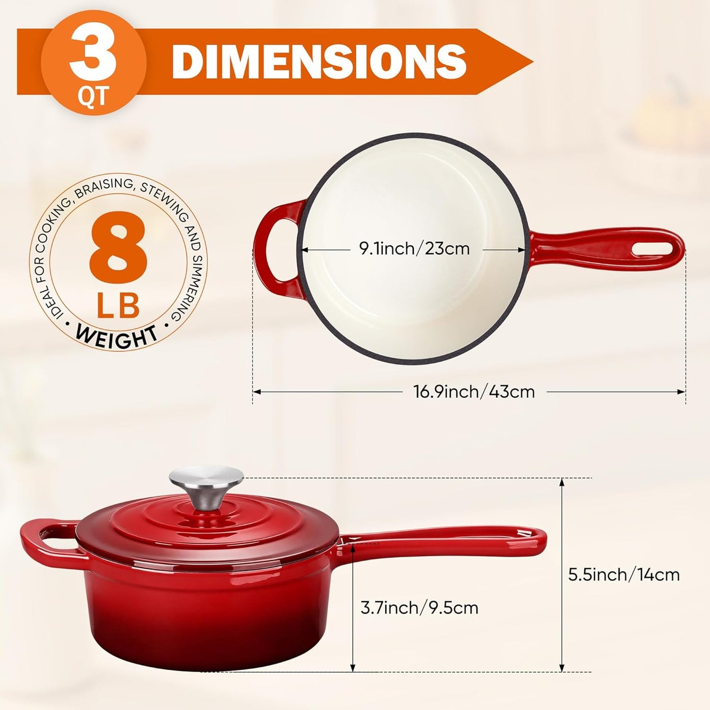 Cacerola Hierro Fundido Esmaltada 3qt para Cocina