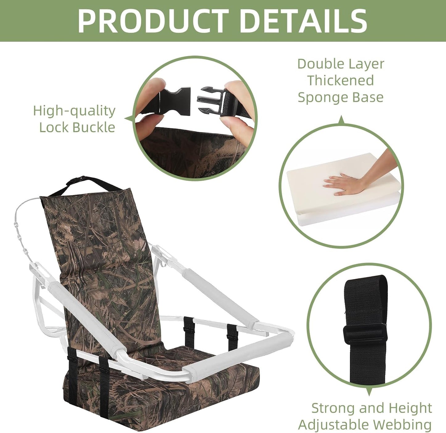 Soporte asiento caza ajustable con cojín plegable y correas