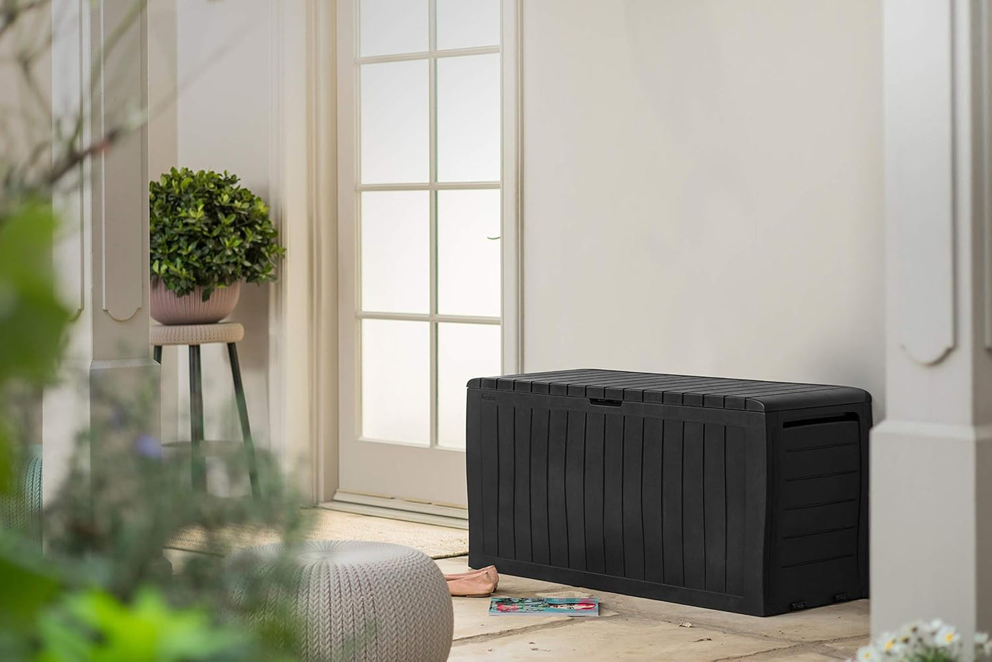 Caja almacenamiento jardín 270L efecto madera grafito