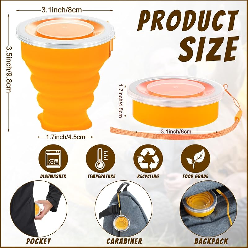 12 Tazas Silicona 7.04oz Plegables para Viajar con Tapas
