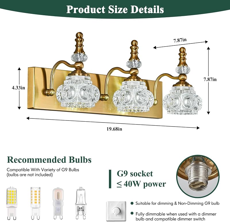 Luz tocador vintage 3 luces G9 vidrio dorado