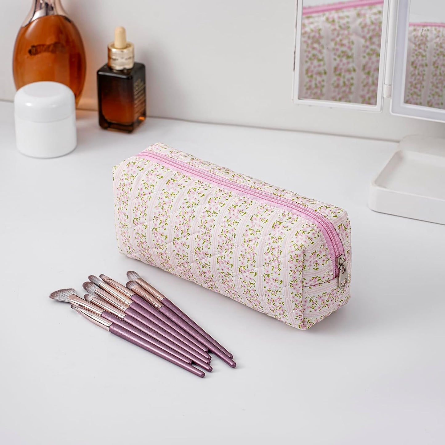 Neceser maquillaje con flores rosa acolchado para viaje