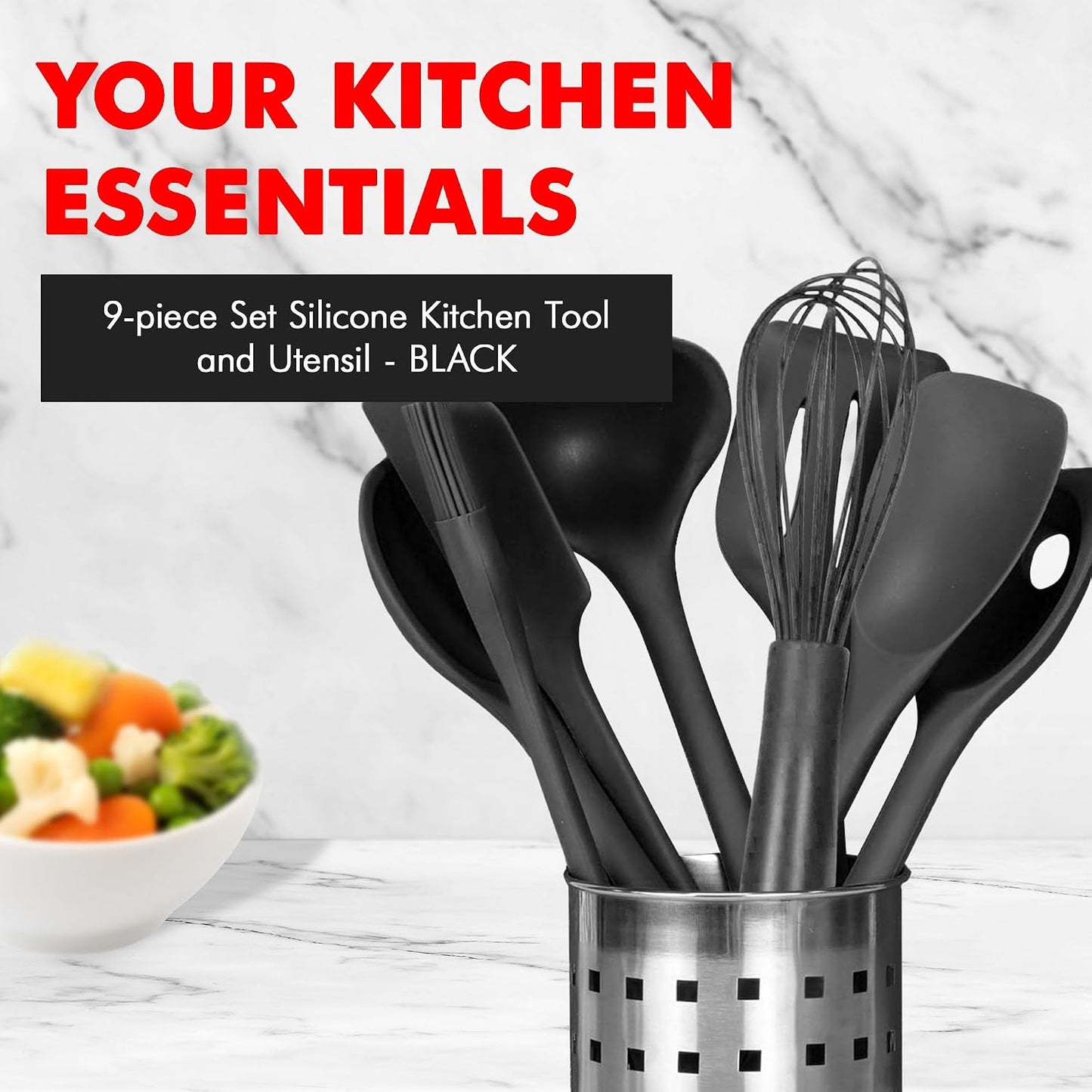Juego 9 pzas utensilios cocina silicona antiarañazos sin BPA