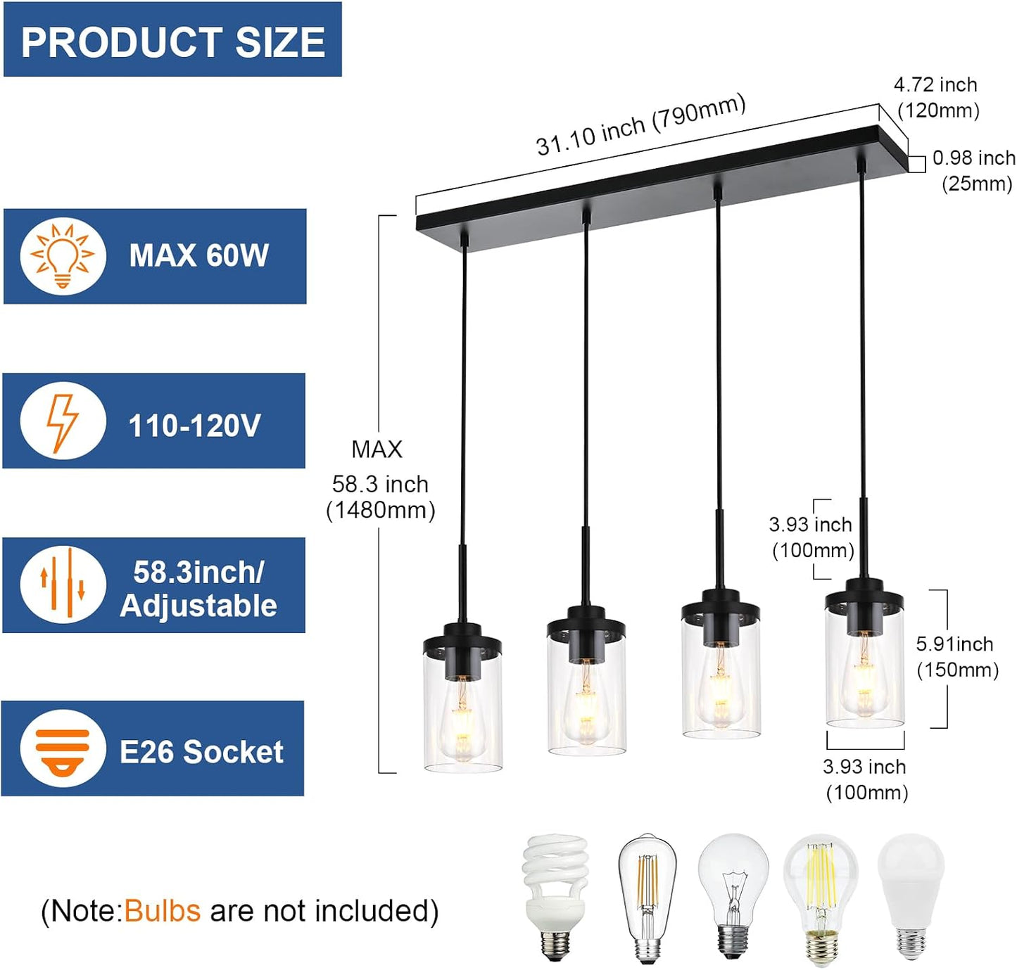Lámpara colgante cocina 4 luces cristal transparente 31pulg