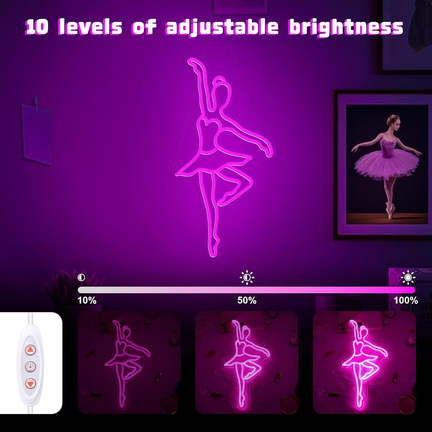Letrero neón ballet para dormitorio con USB y ganchos