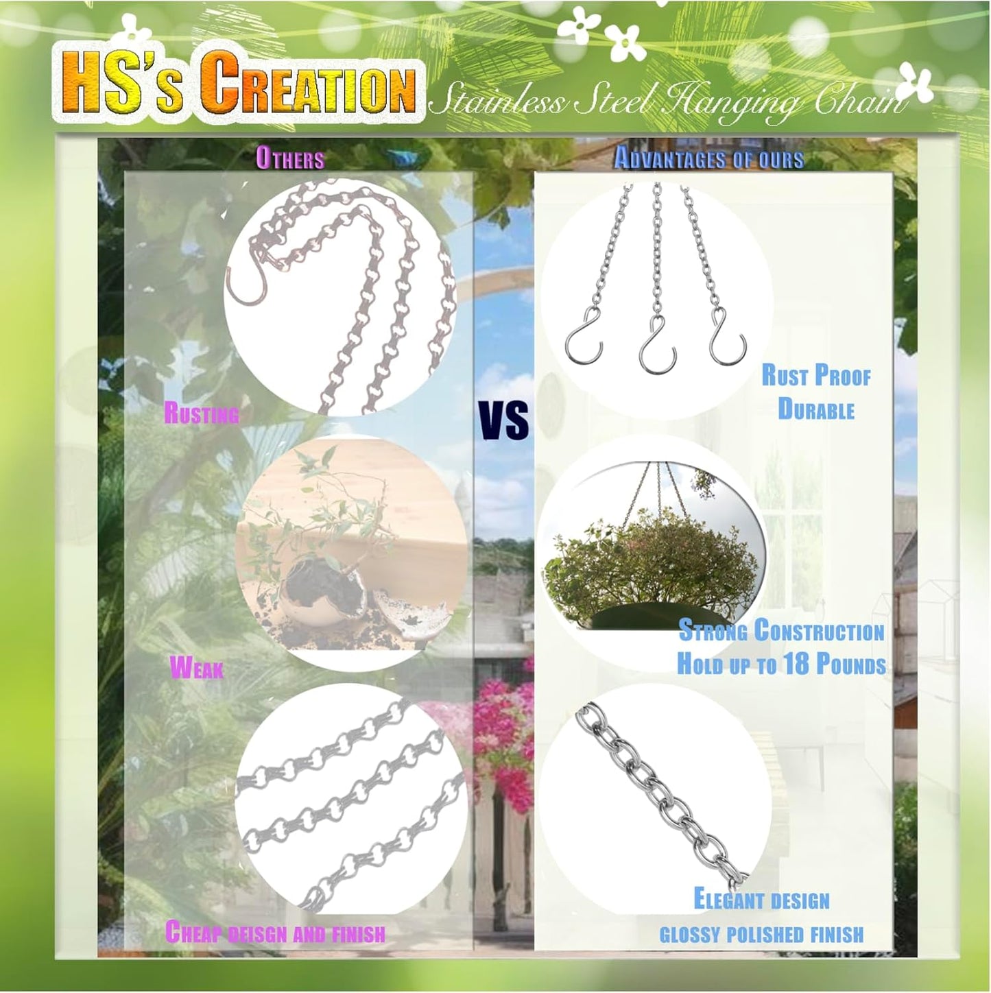 Cadena acero inox 10.5pulg ganchos S dobles vallas macetas