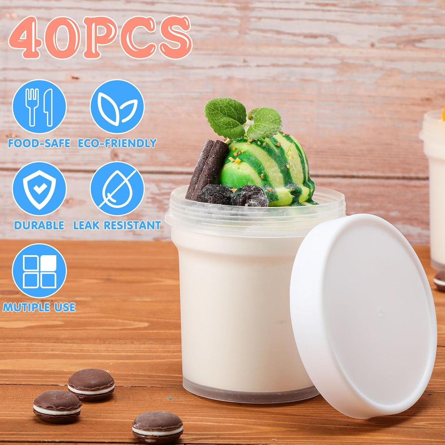 40 Recipientes 10oz para Helado con Tapas Reutilizables