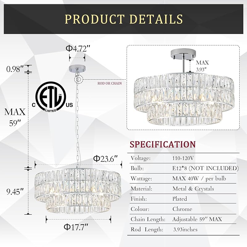 Candelabro Cristal Cromado 24" 8 Luces Sala Estar