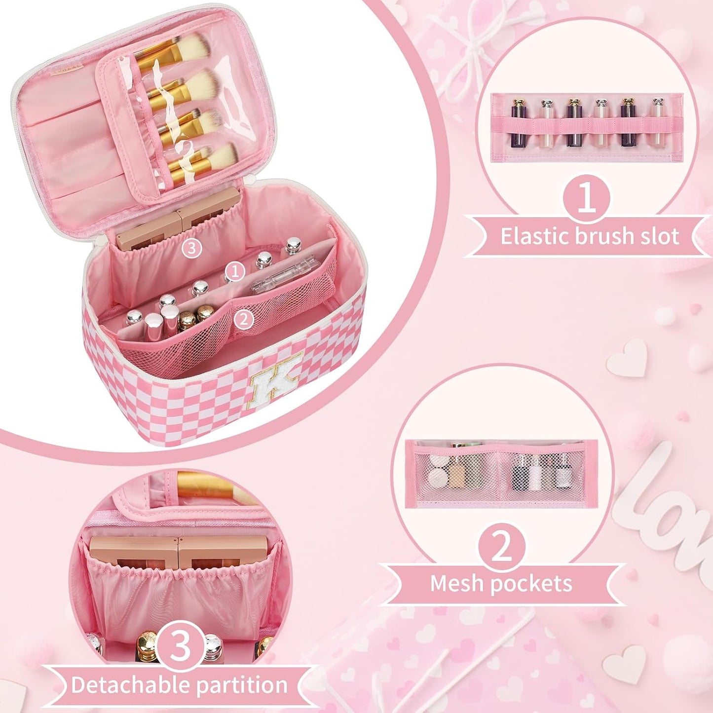 Bolsa maquillaje con monograma y portacepillos rosa para niñas