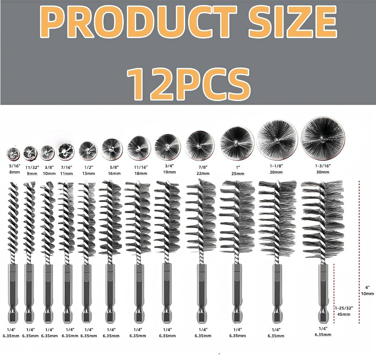 Set 12 Cepillos Acero Inox Cerdas Alambre 1/4pulg 5/16-1-3/16pulg