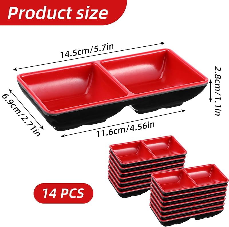 Set 14 Cuencos Salsa Doble Comp. Plato Soja Negro/Rojo
