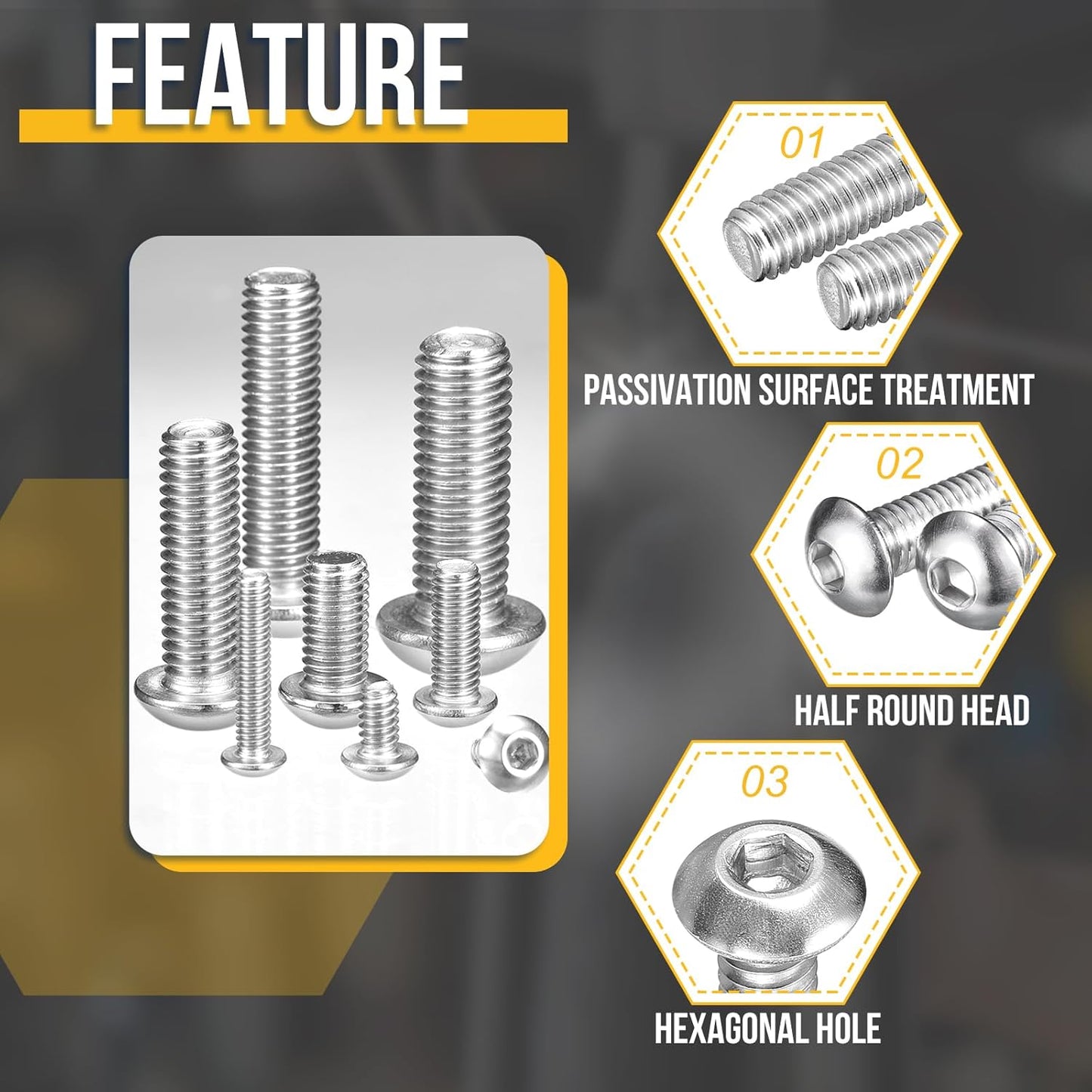 Tornillos botón hex 8-32x2-1/4 acero inox 304 set 20