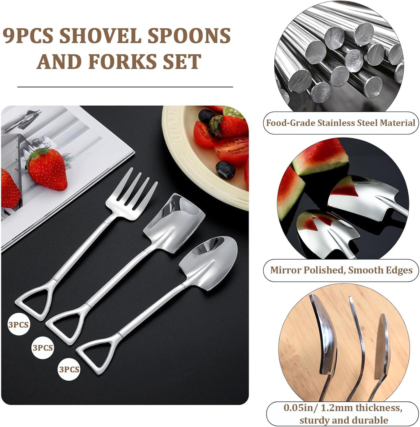 9 Cucharas Acero Inox para Postres Mini Palas Plateadas 4.8pulg