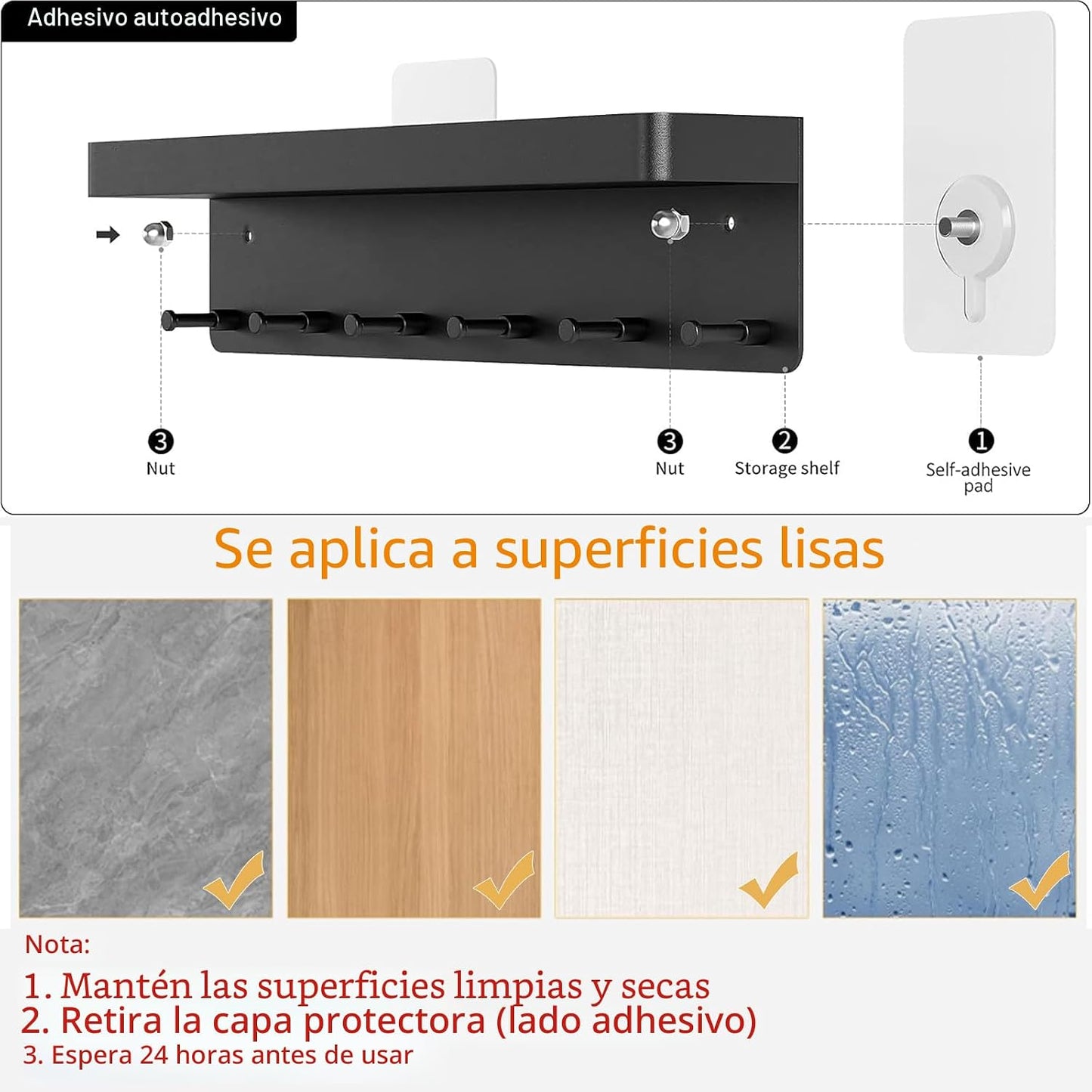 Soporte pared llaves con bandeja 6 ganchos negro