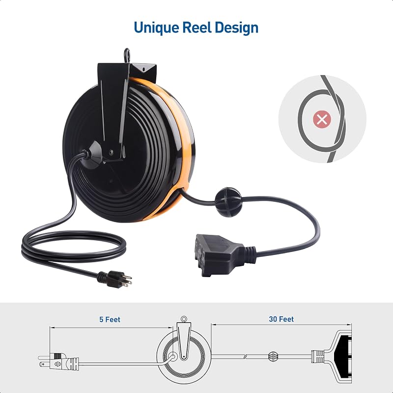 Carrete cable extensión retráctil 16AWG 10A 35pies