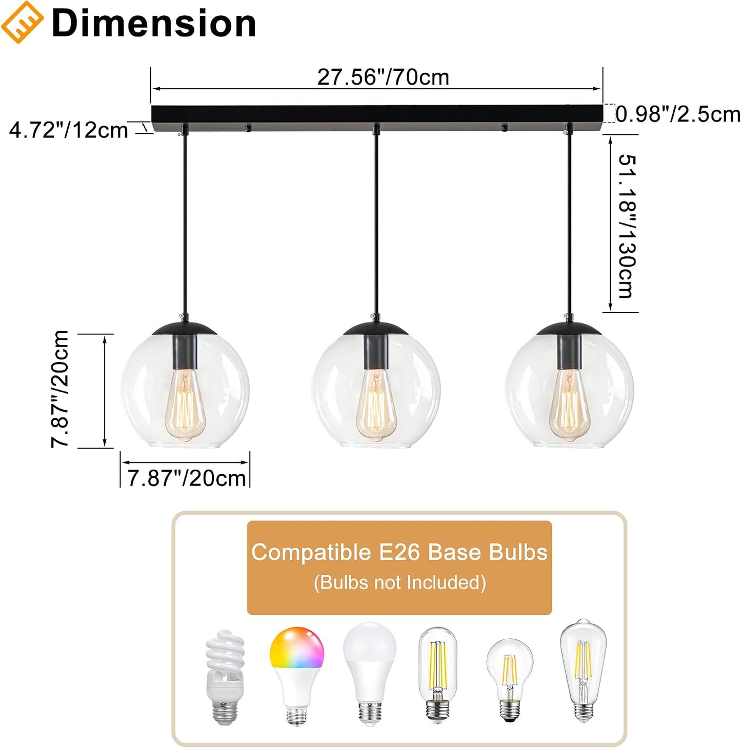 Lámpara colgante globo 3 luces 27.6pulg negro