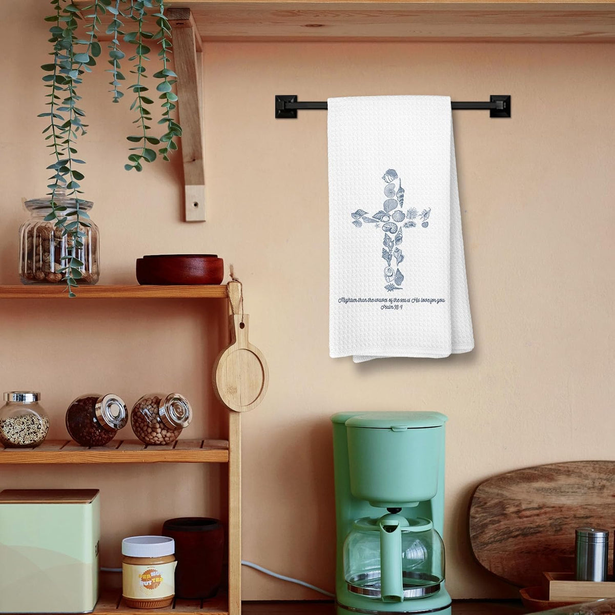 Toallas de cocina con cruz cristiana, decoración religiosa, versiculo biblico, océano y conchas